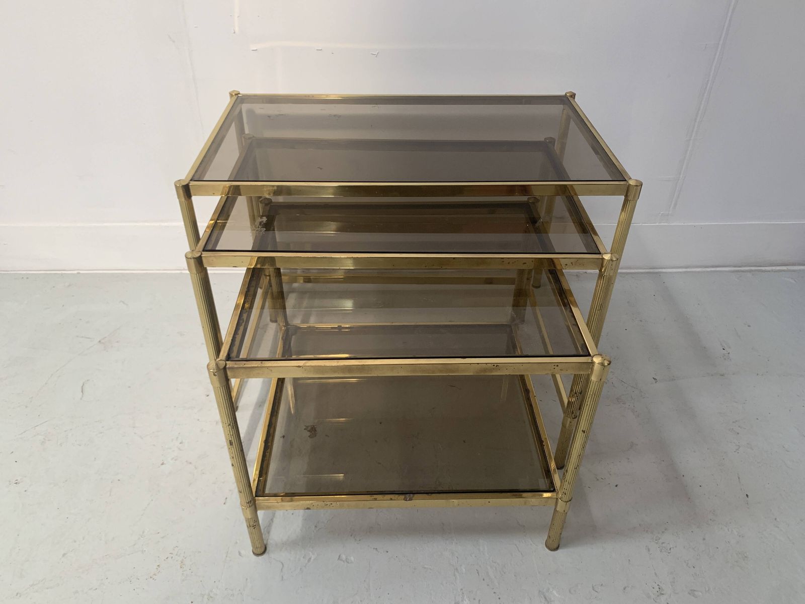 Set Of Three Nesting Tables In Brass And Smoked Glass, 20th Century photo furniture
