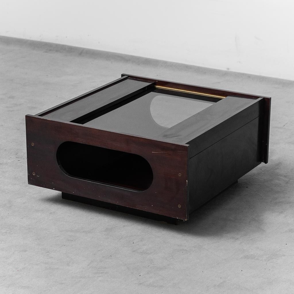 Wooden Coffee Table With Opening Top, Smoked Glass, 1970s Vintage, Modern Antiques