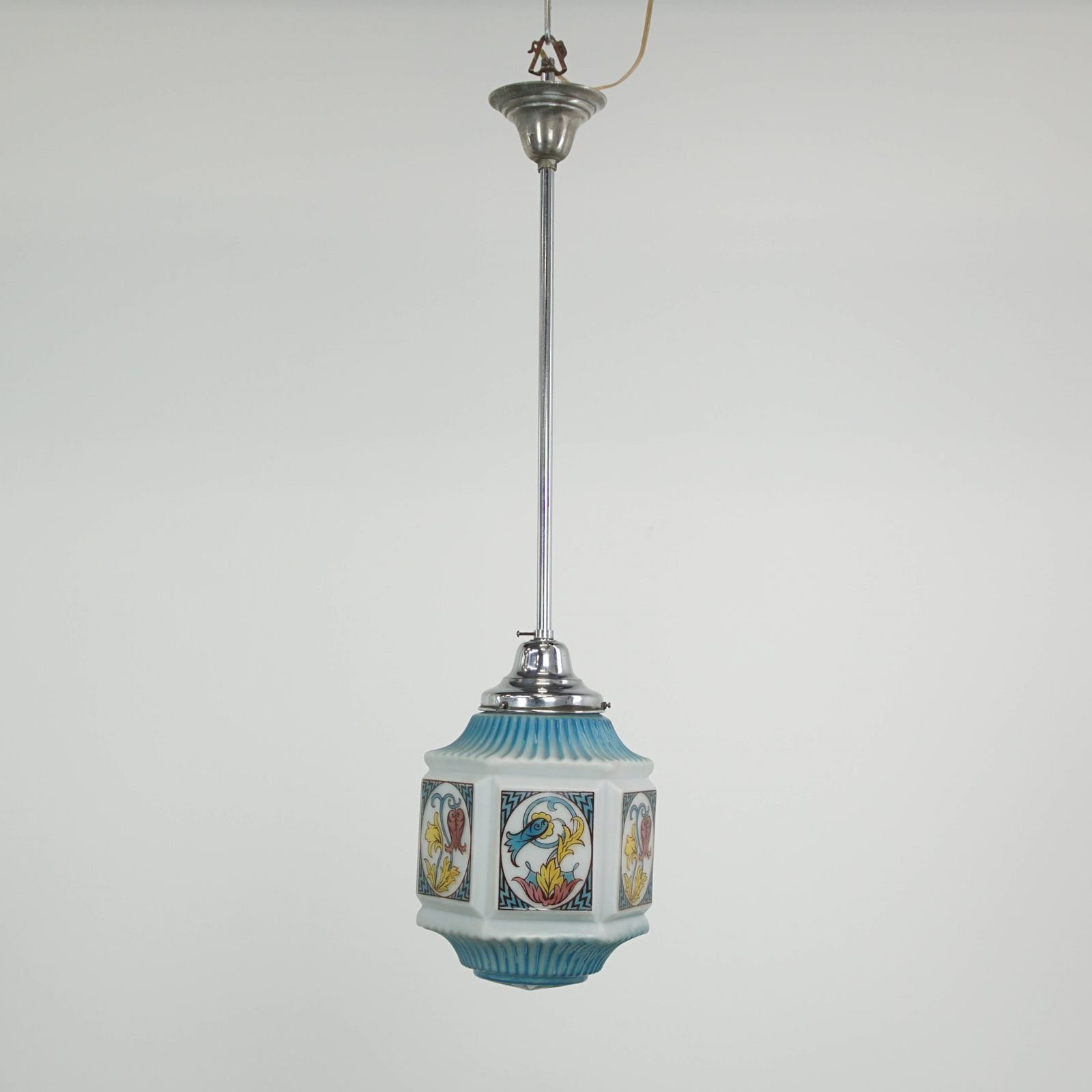 Vintage Mainly Blue Art Deco Design Pendant Lamp With Beautifully Painted Glass