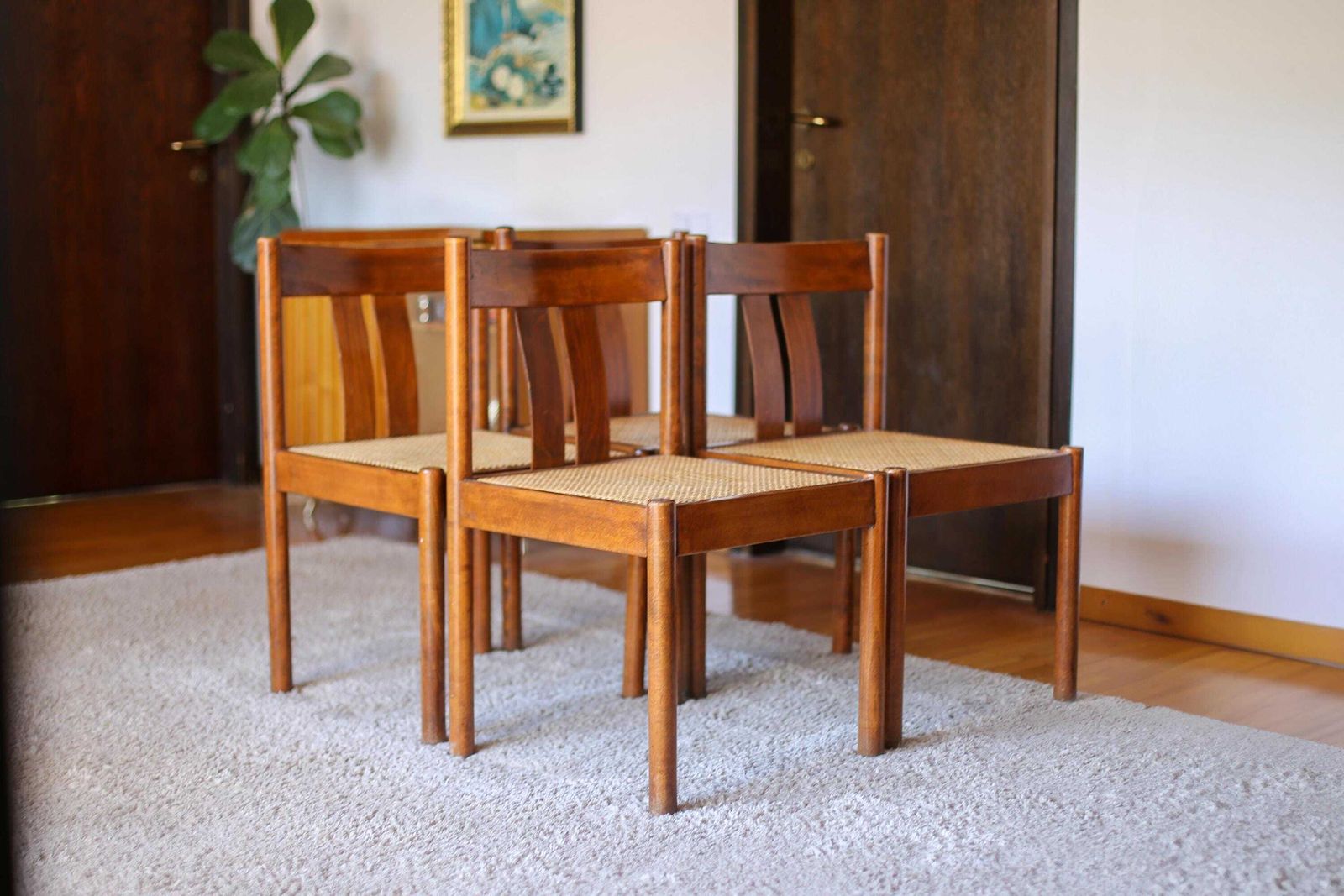 Set Of 4 Vintage Stol Kamnik Rattan Chair / Vintage Scandinavian Design Dining Chair / Mcm Brown Wooden Accent Chair / Yugoslavia / 1970s photo for sale
