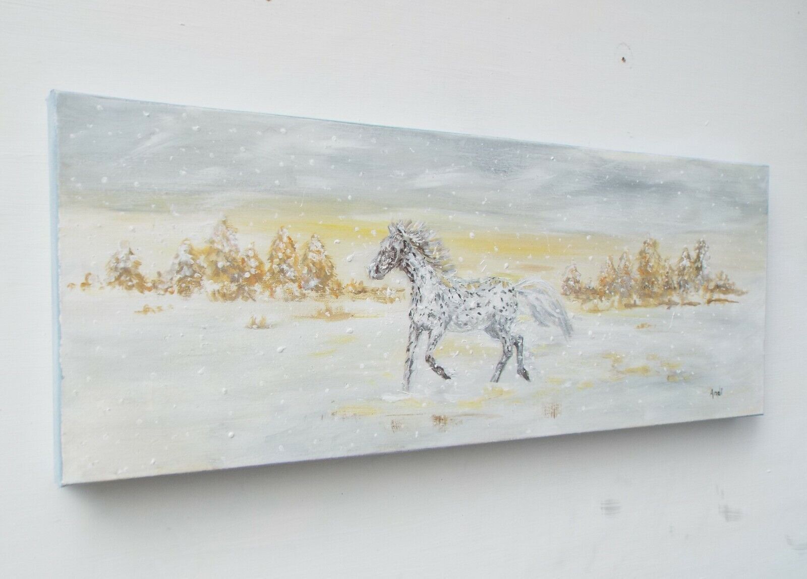 Original Painting Canvas Dappled Horse Winter Landscape Snow Scene Andi J Lucas photo for sale