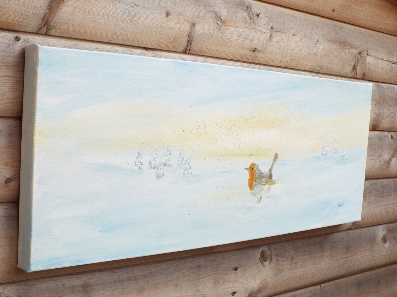 photo furniture Original Signed Painting Robin Winter Landscape Snow Scene 30x80cm Andi J Lucas
