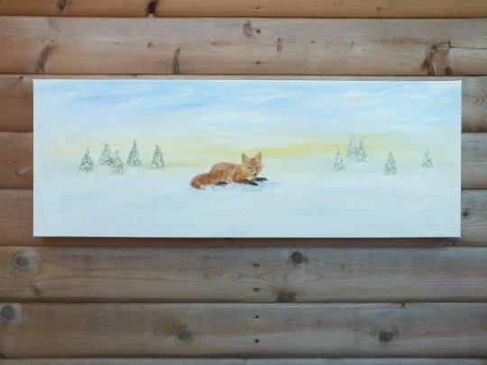 Original Signed Painting Fox Winter Landscape Snow Scene 30x80cm Andi J Lucas photo 165.0