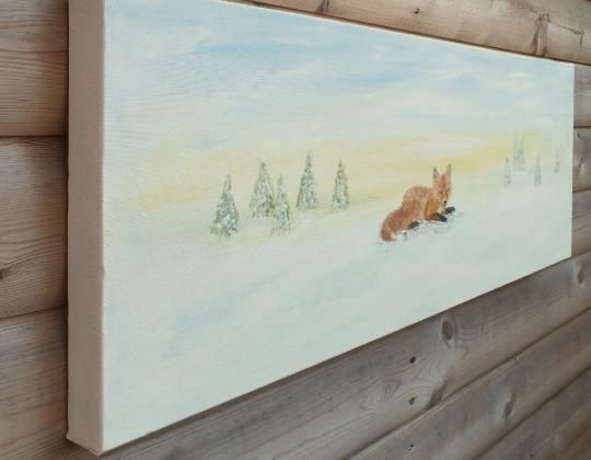 Original Signed Painting Fox Winter Landscape Snow Scene 30x80cm Andi J Lucas photo vinterior