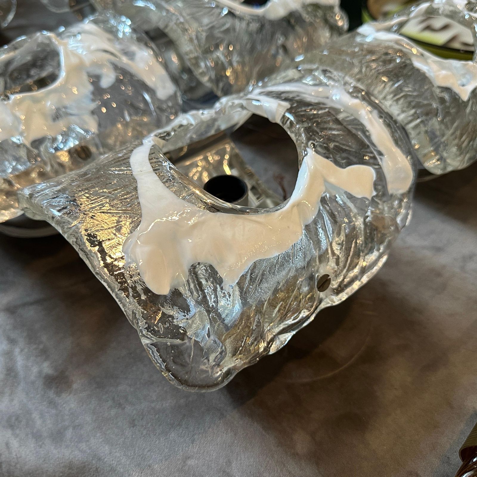 1970s Spage Age Clear And White Murano Glass And Steel Wall Sconces By Mazzega photo vinterior