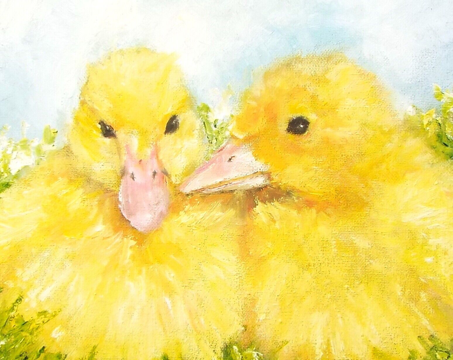 Yellow Ducklings Ducks Farmyard Original Oil Painting Signed Framed Andi J Lucas photo for sale