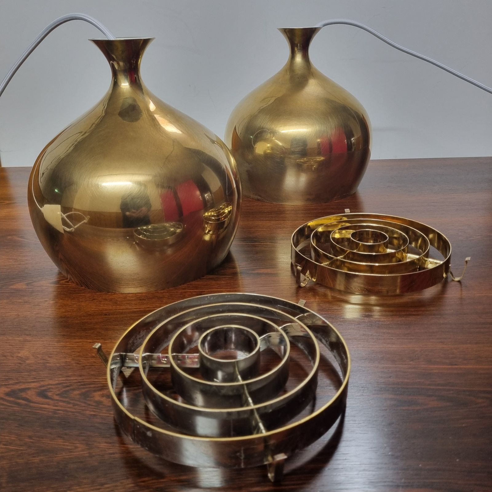Set Of Two Elegant Brass Pendant Lamps Löken By Helge Zimdal For Falkenbergs Sweden 1960s photo furniture