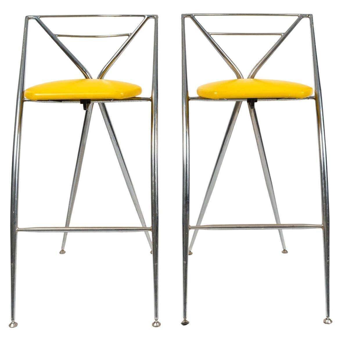 Pair Of 1980s Design Stools In Chromed Metal And Skai.