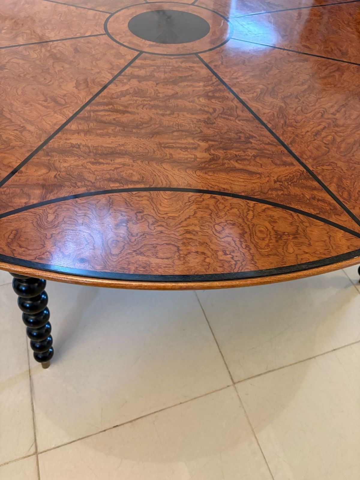 Magnificent Quality Large Antique Burr Pollard Oak And Ebony Inlaid Round Dining Table photo buy