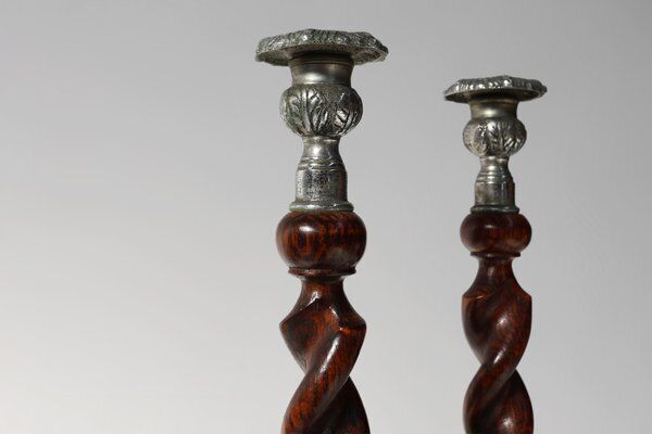 French Barley Twist Candlesticks In Wood With Silver Plated Bobeches, 1850, Set Of 2 photo furniture