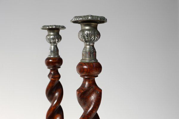 French Barley Twist Candlesticks In Wood With Silver Plated Bobeches, 1850, Set Of 2 photo Home Decor