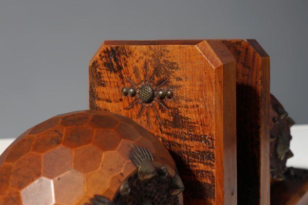 Art Deco Faceted Ball Bookends In Oak With Metal Decorations, 1920, Set Of 2 photo 756.0