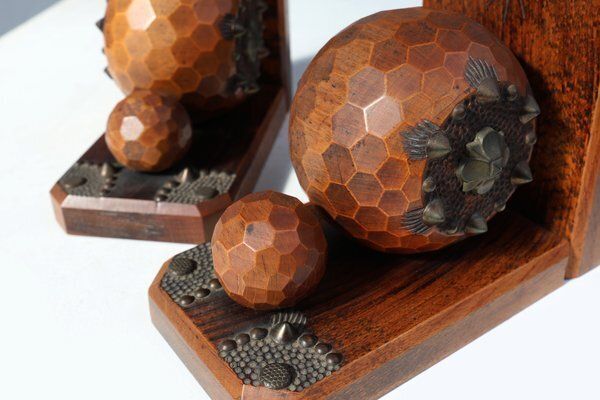 photo furniture Art Deco Faceted Ball Bookends In Oak With Metal Decorations, 1920, Set Of 2