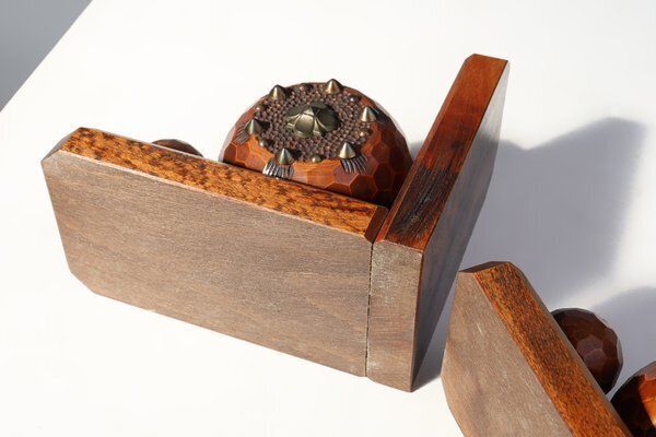 756.0 Art Deco Faceted Ball Bookends In Oak With Metal Decorations, 1920, Set Of 2 photo