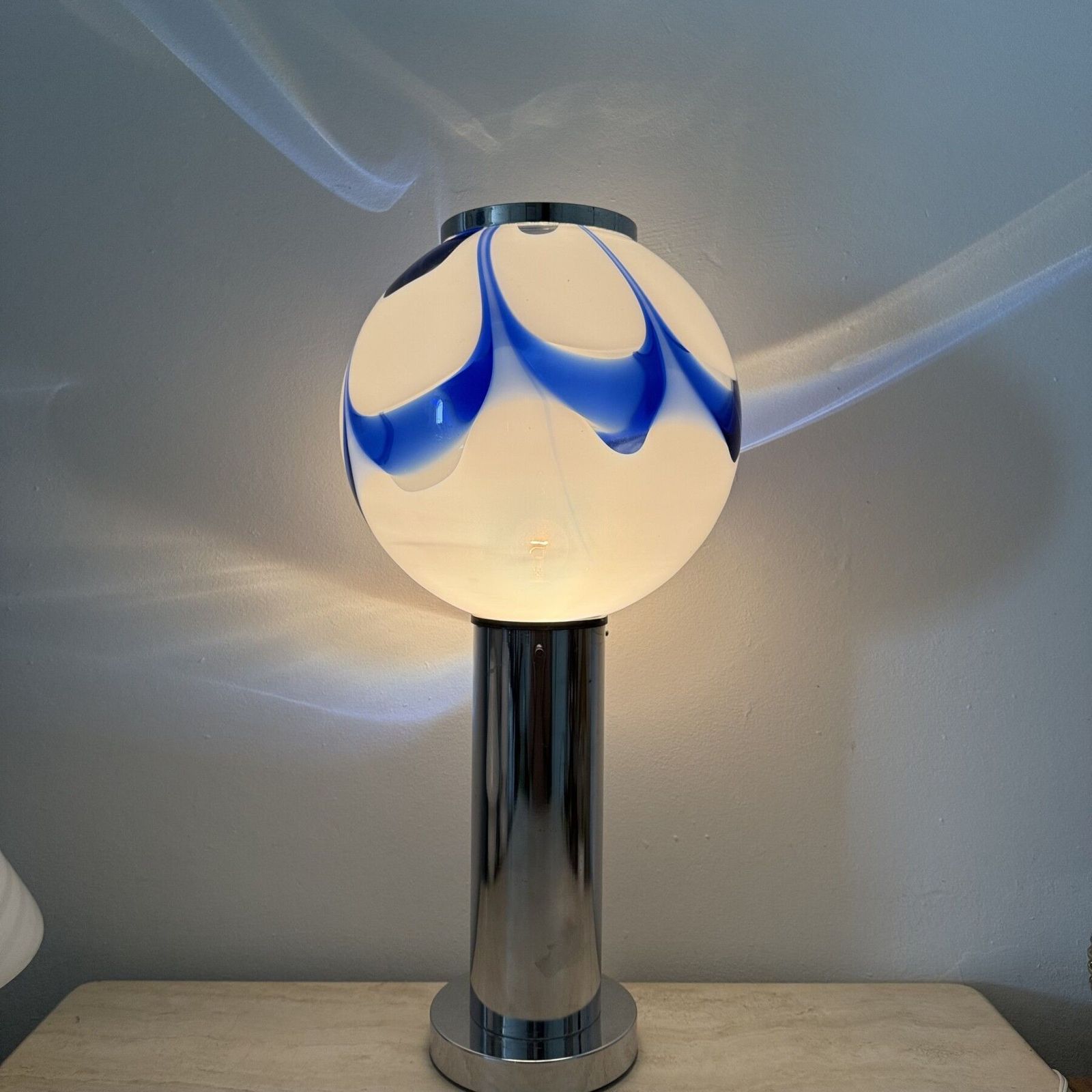 Mid – Century Large Glass Table Lamp With Blue Swirl , 1970s Italy photo furniture
