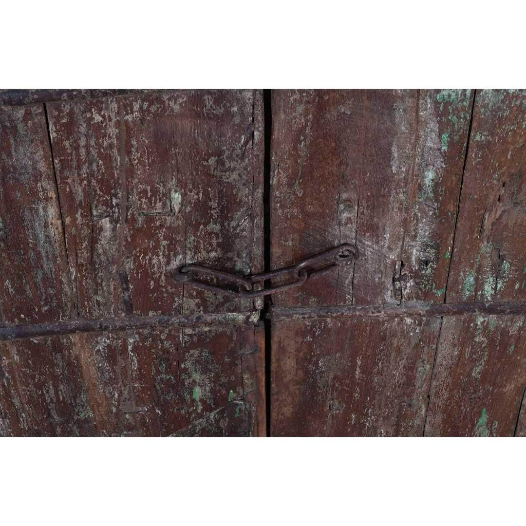 Large Antique Indian Teak Havelli Doors – 19thc Green Patina, Hand Carved, Gujarat Salvage, 160x97cm photo Home Fixtures