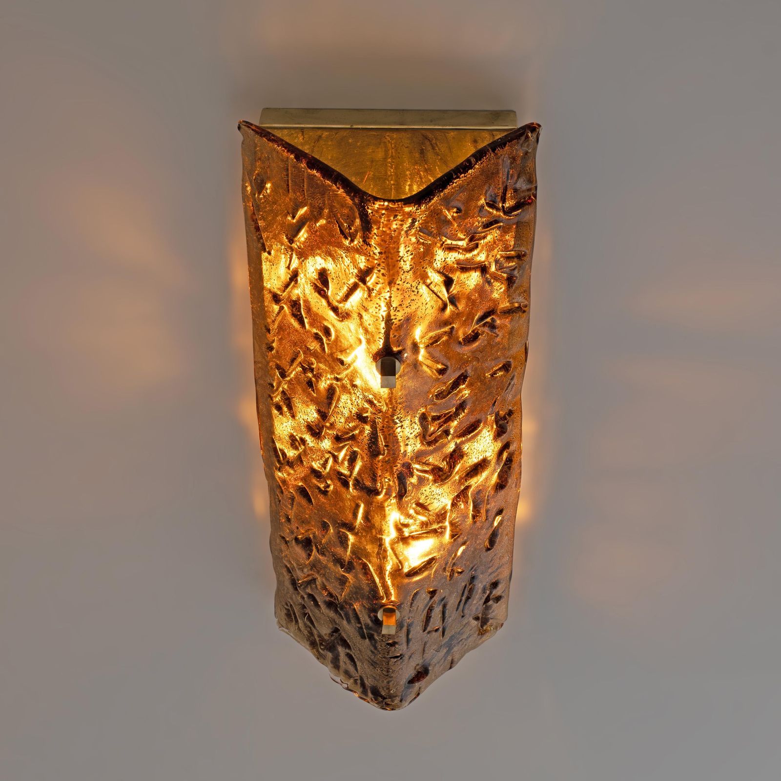 Pair Of Mazzega Style Amber Murano Glass And Brass Sconces photo vintage