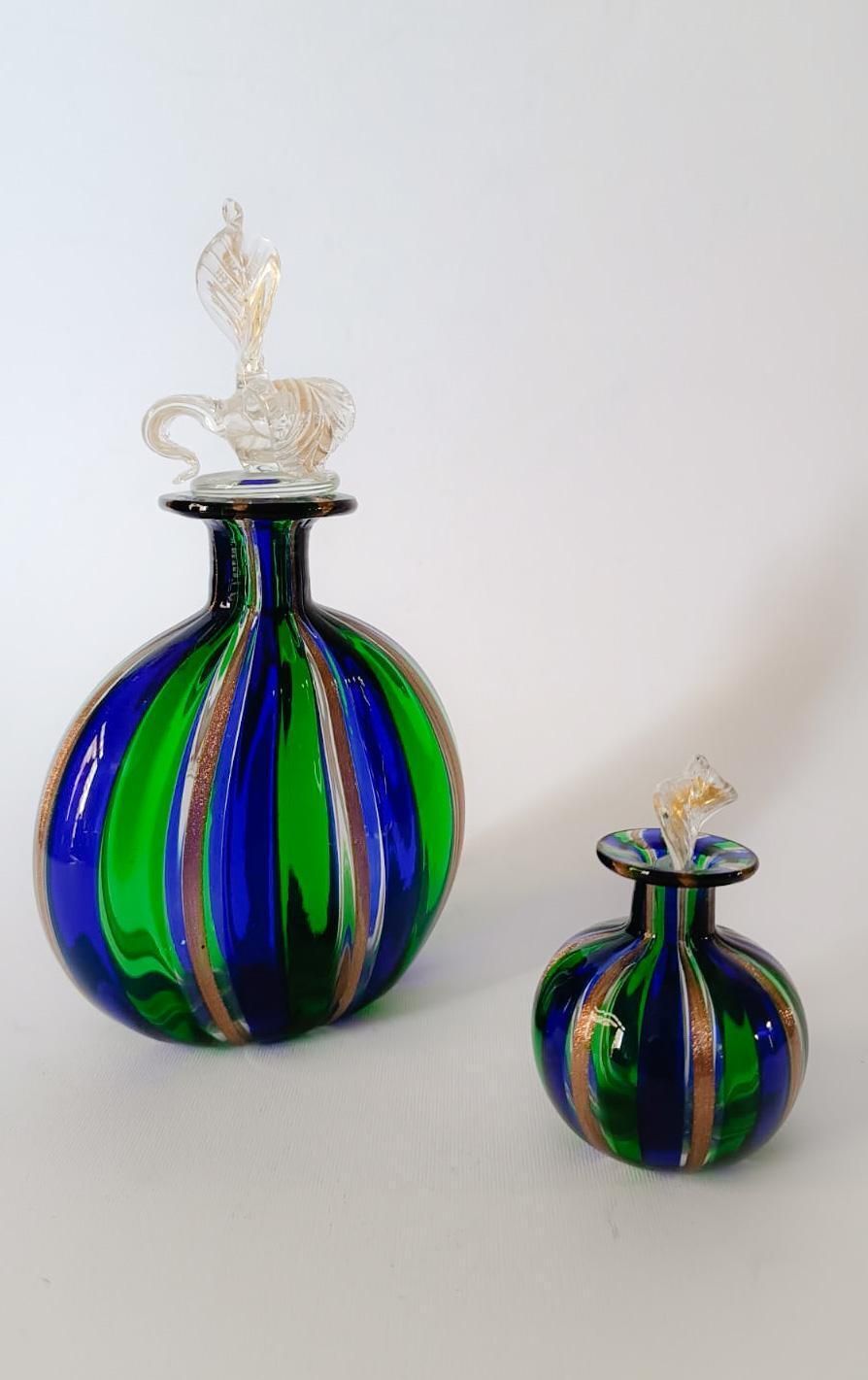Pair Of Murano Glass Bottles Blown Reticello Blue Green Gold Vintage Zeta Design photo furniture