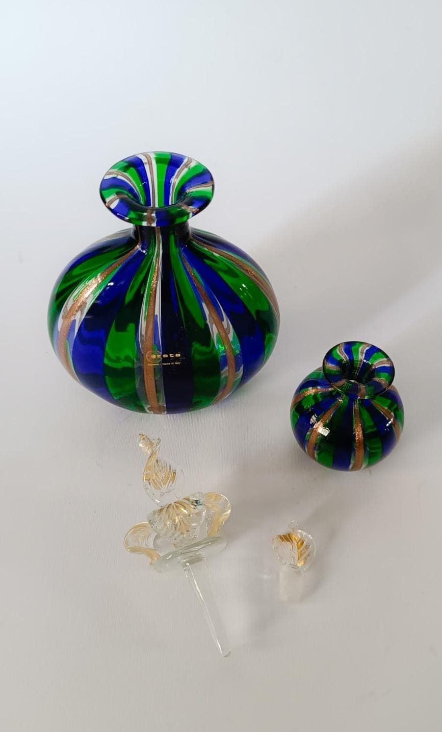 Pair Of Murano Glass Bottles Blown Reticello Blue Green Gold Vintage Zeta Design photo for sale
