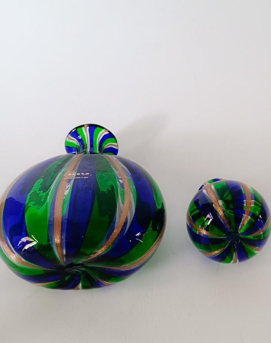 Pair Of Murano Glass Bottles Blown Reticello Blue Green Gold Vintage Zeta Design photo vinterior