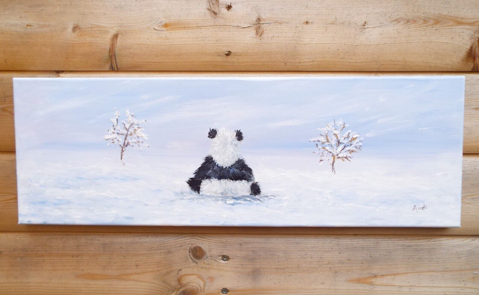 Original Signed Painting Panda Winter Landscape Snow Scene 20x60cm Andi J Lucas