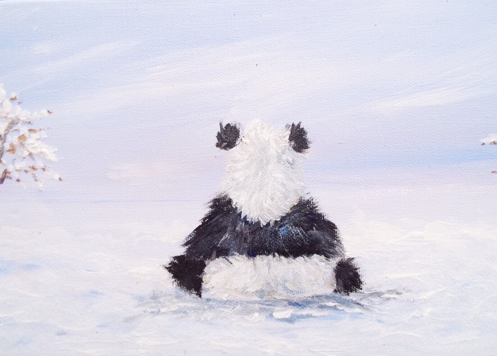 Original Signed Painting Panda Winter Landscape Snow Scene 20x60cm Andi J Lucas photo furniture