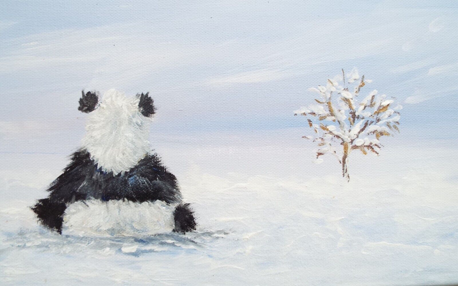 Original Signed Painting Panda Winter Landscape Snow Scene 20x60cm Andi J Lucas photo vinterior