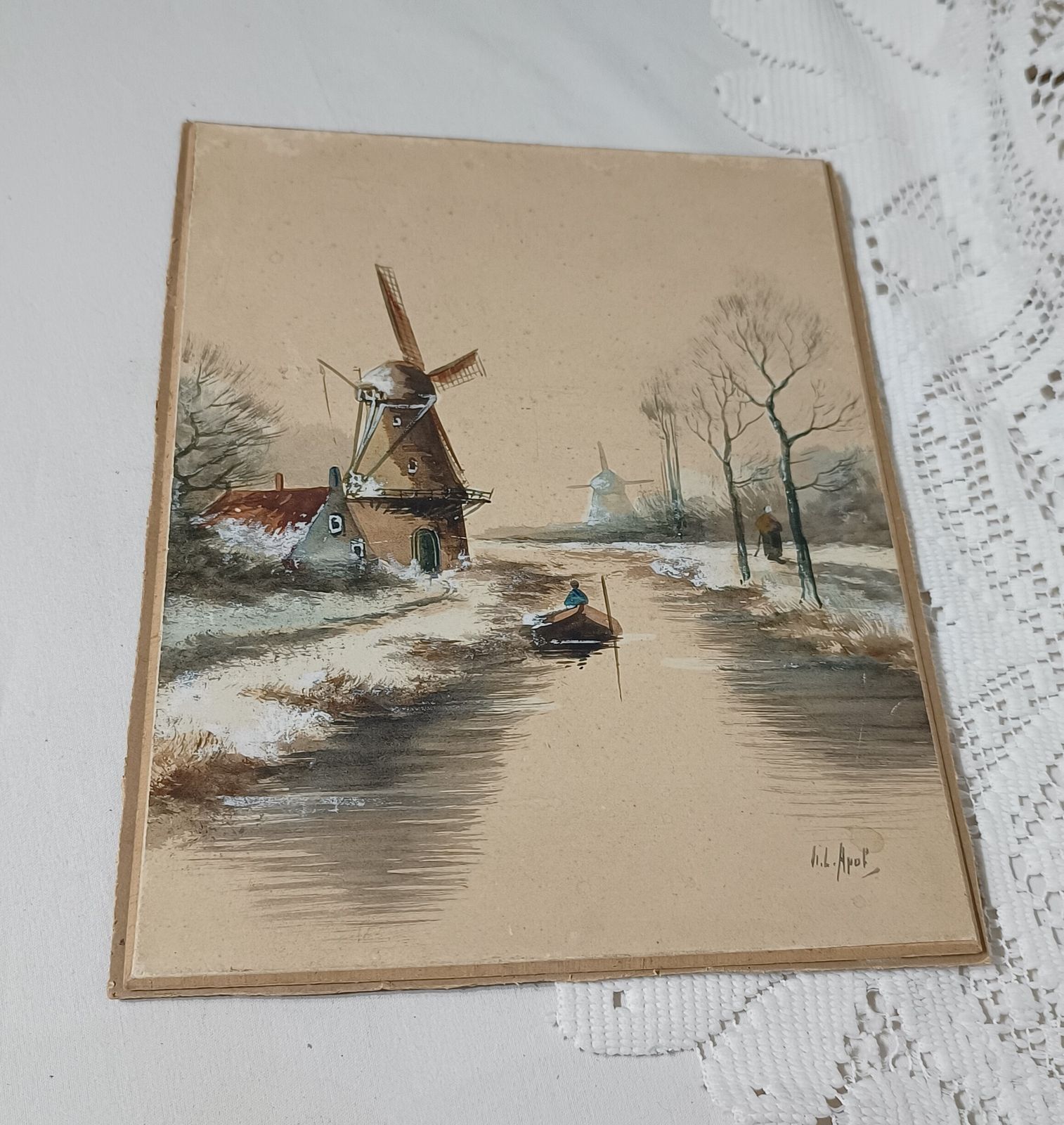 Antique Dutch Watercolour Painting Windmills Dutch Canal In Wintertime Artist Signed Unframed Art. photo 51.5
