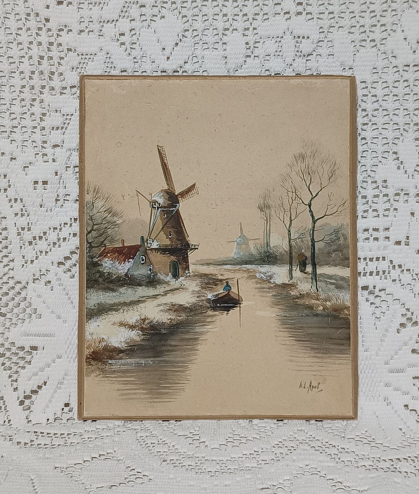 Antique Dutch Watercolour Painting Windmills Dutch Canal In Wintertime Artist Signed Unframed Art. photo vintage