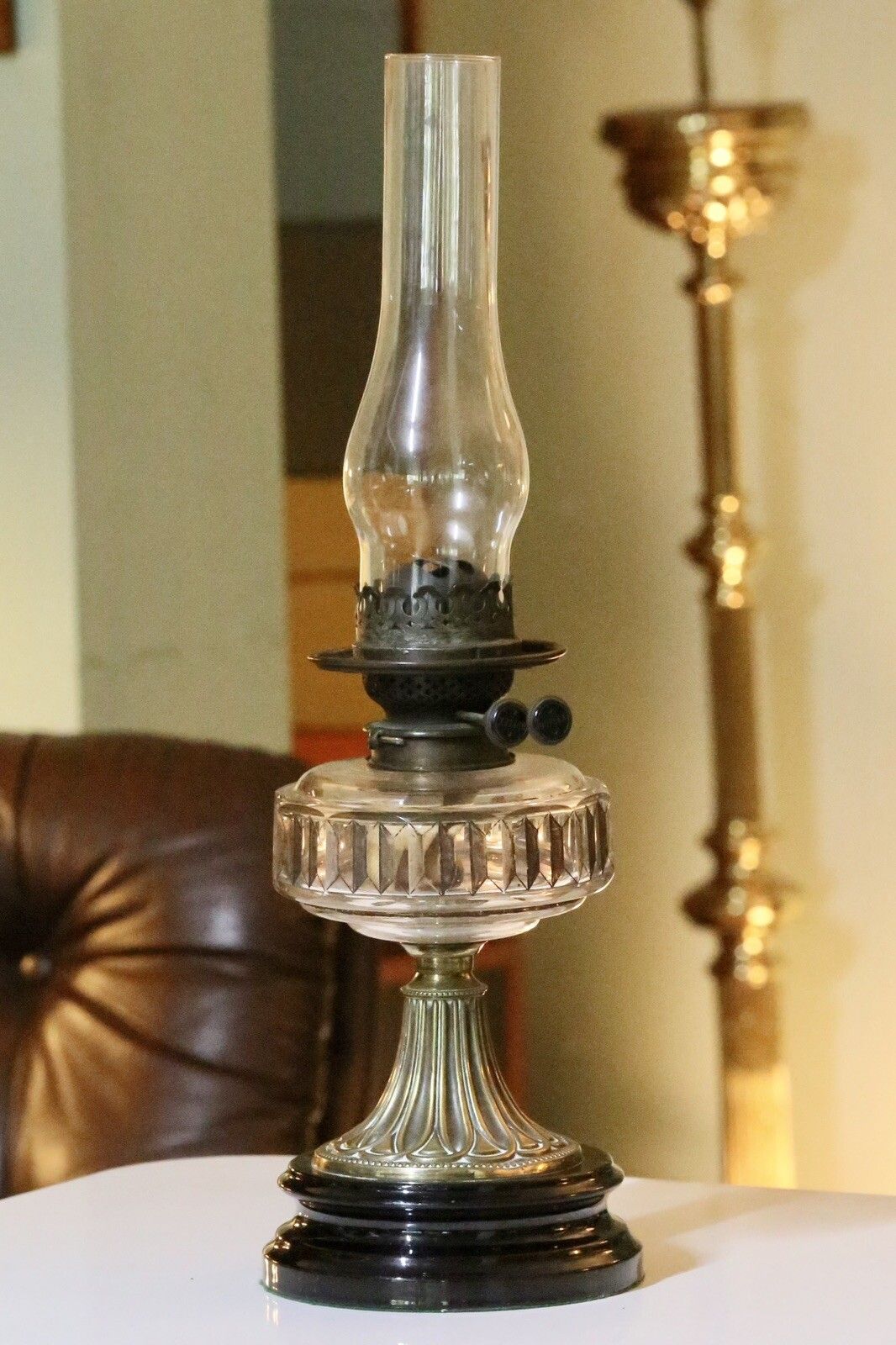 Victorian Art Nouveau Brass Oil Lamp With Crystal Glass Reservoir photo furniture