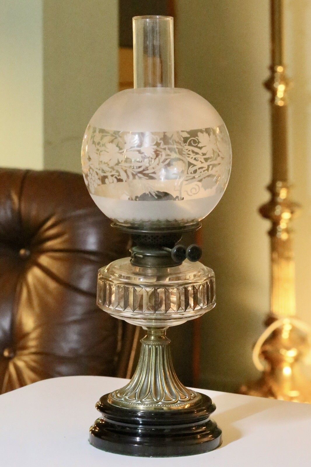 Victorian Art Nouveau Brass Oil Lamp With Crystal Glass Reservoir photo for sale