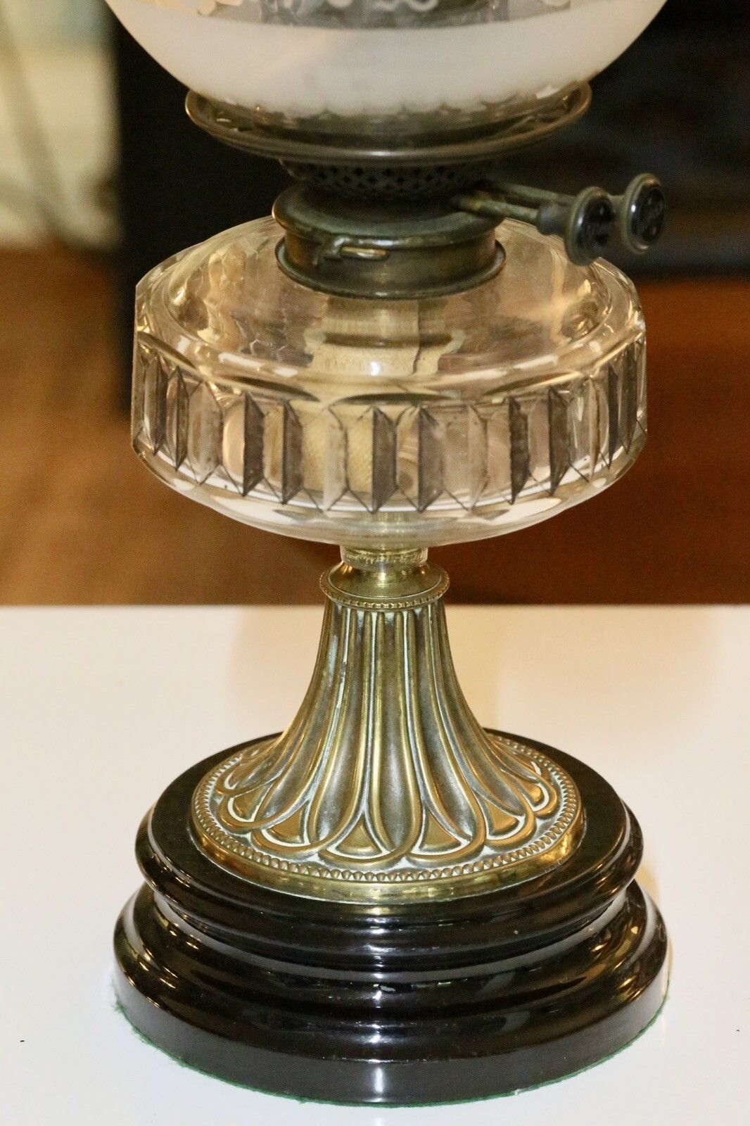 Victorian Art Nouveau Brass Oil Lamp With Crystal Glass Reservoir photo buy