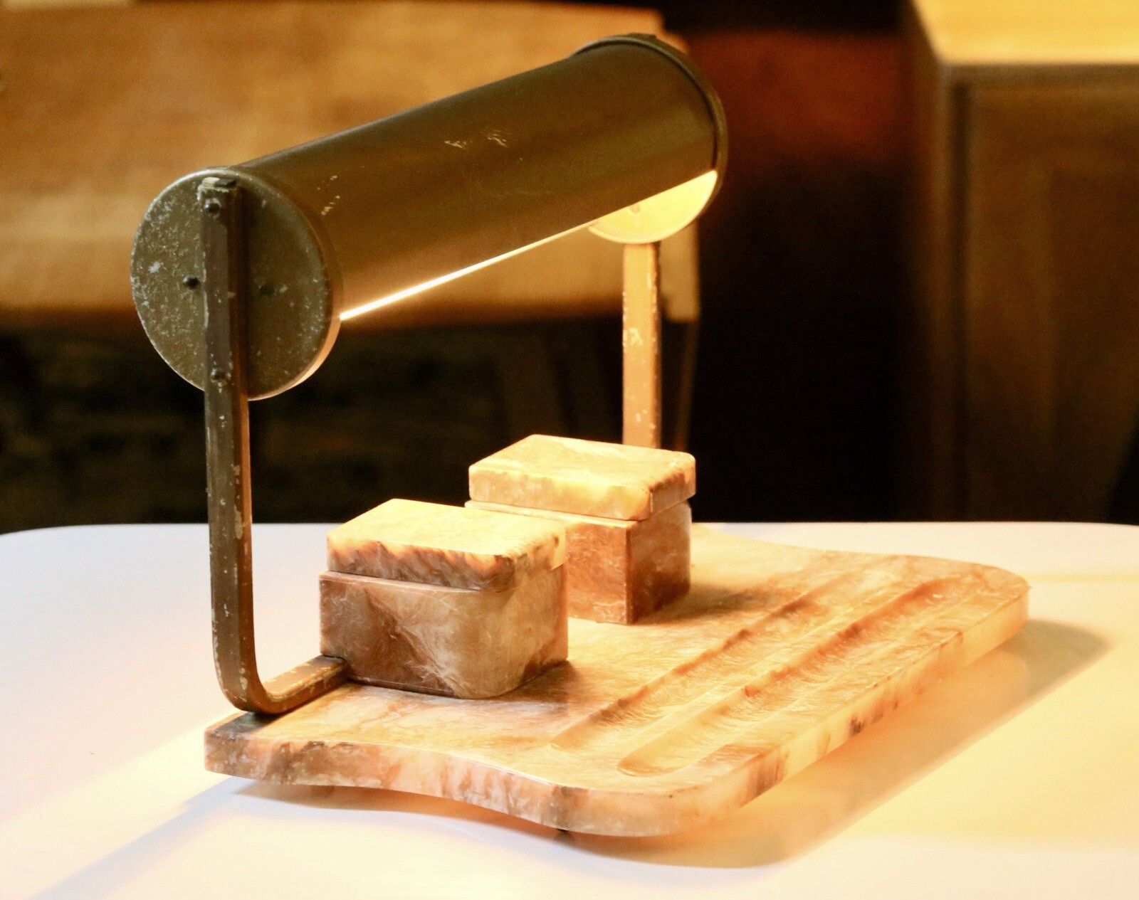 Art Deco Alabaster & Brass Desk Lamp With Ink Stand photo furniture
