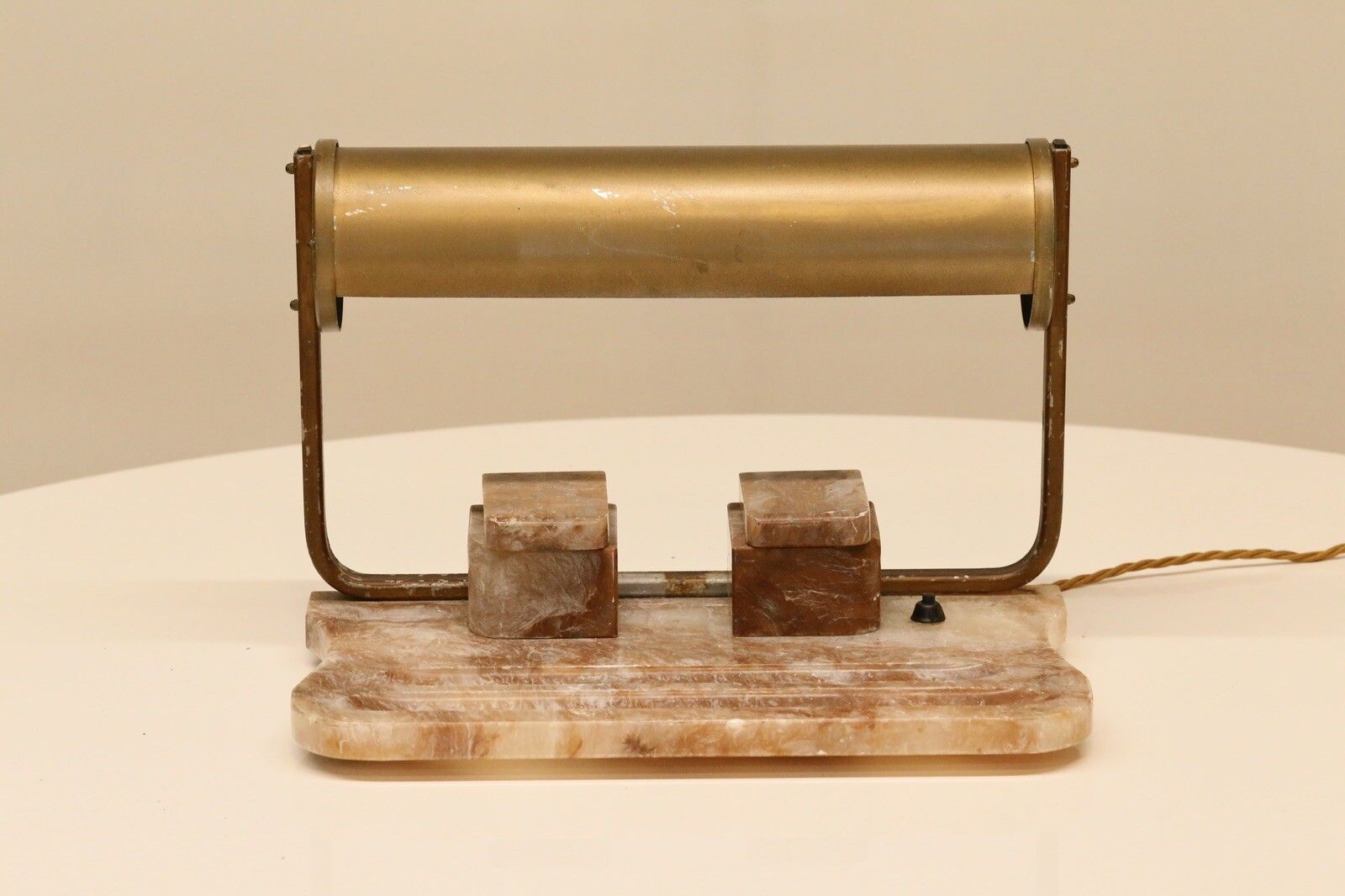 Art Deco Alabaster & Brass Desk Lamp With Ink Stand photo vintage