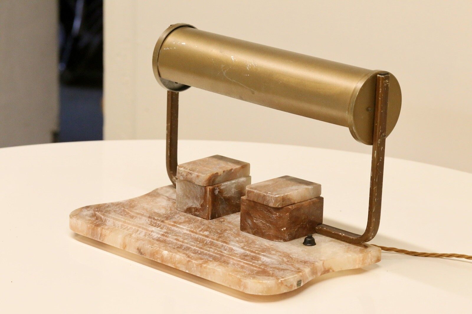 photo for sale Art Deco Alabaster & Brass Desk Lamp With Ink Stand