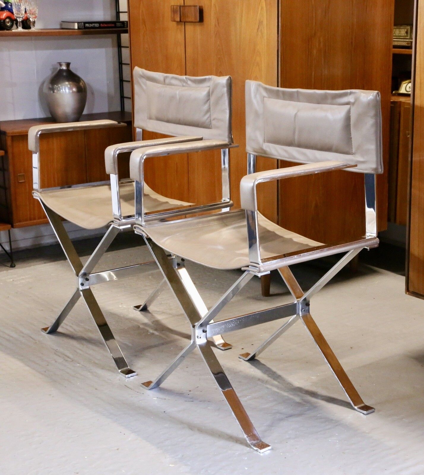 Pair Alessandro Albrizzi Designed Italian Chrome & Leather Director's Armchairs
