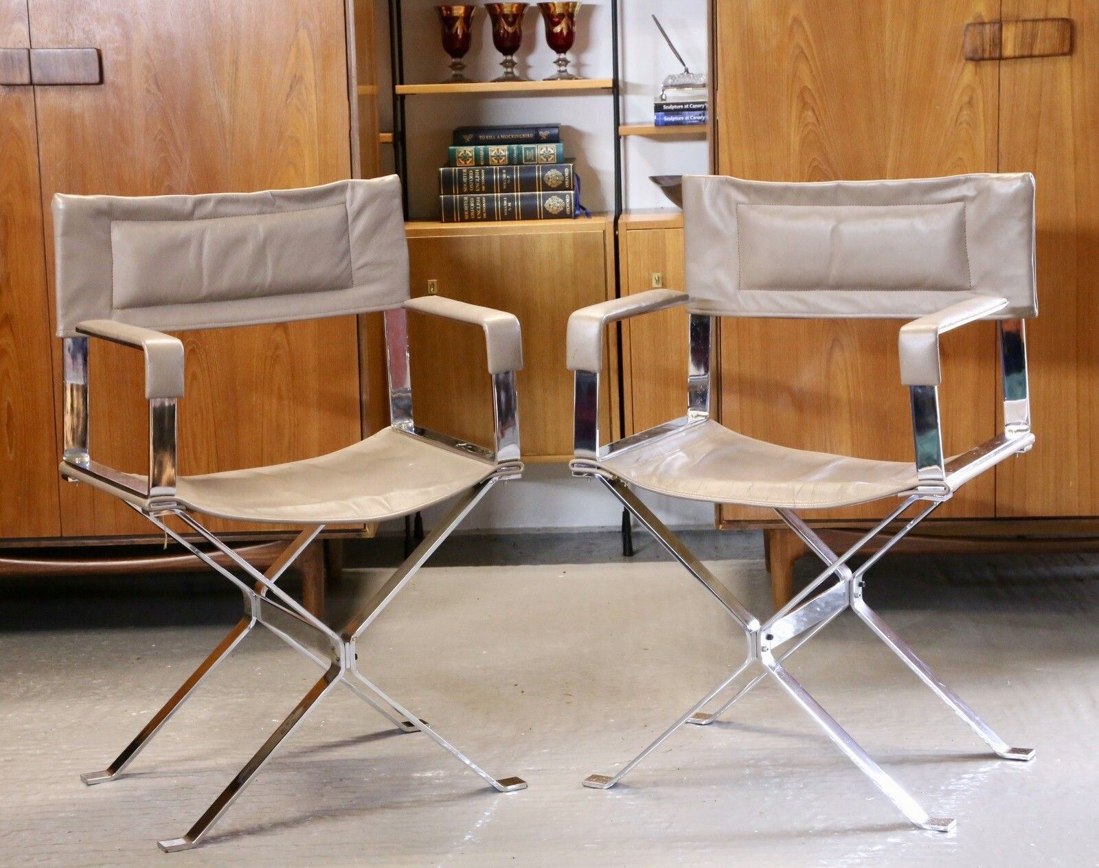 Pair Alessandro Albrizzi Designed Italian Chrome & Leather Director's Armchairs photo for sale