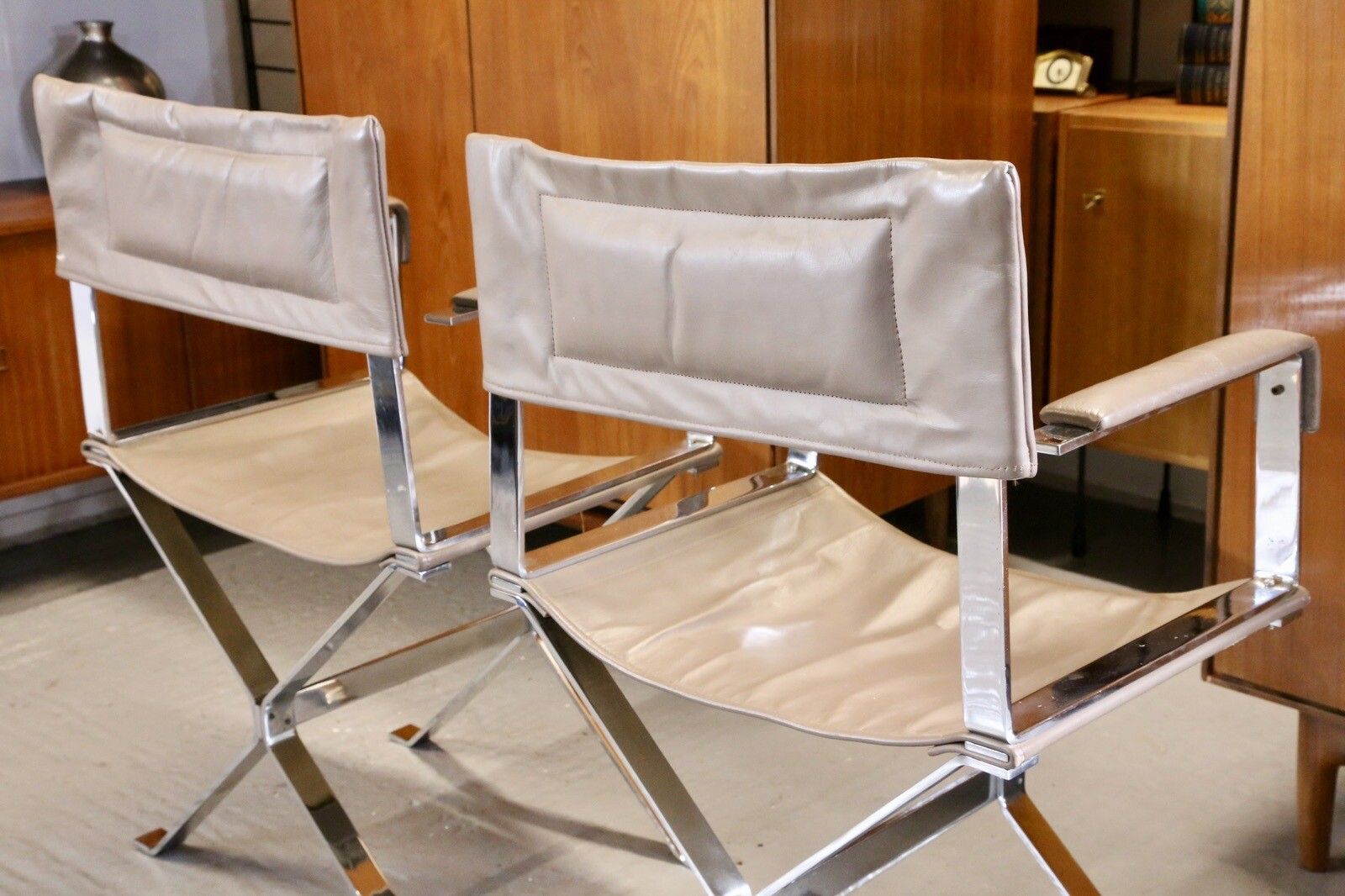 photo for sale Pair Alessandro Albrizzi Designed Italian Chrome & Leather Director's Armchairs