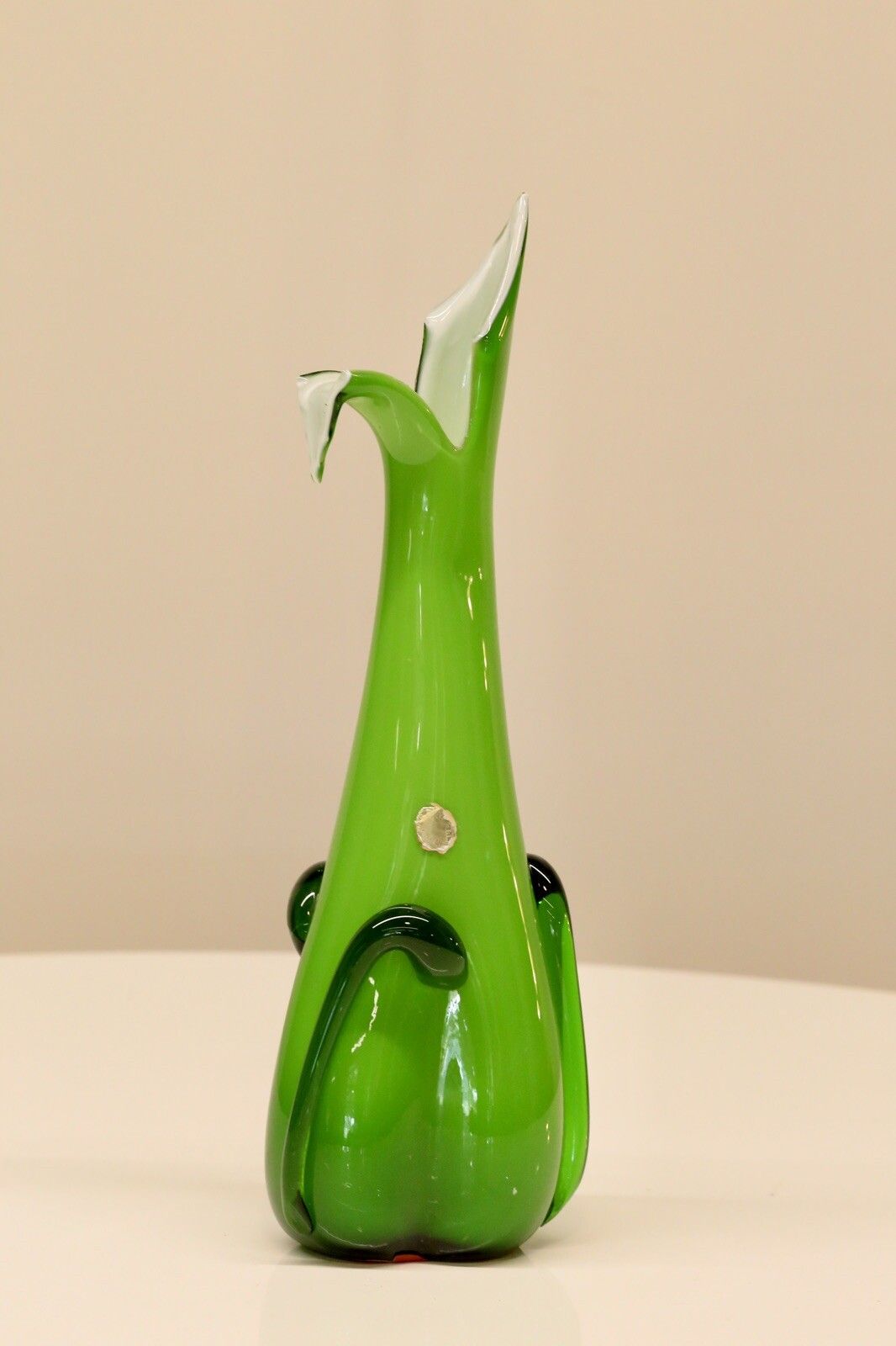 Home Decor Pair Cristalleria Fratelli Betti / Alrose Italian Empoli Green Art Glass Vases photo