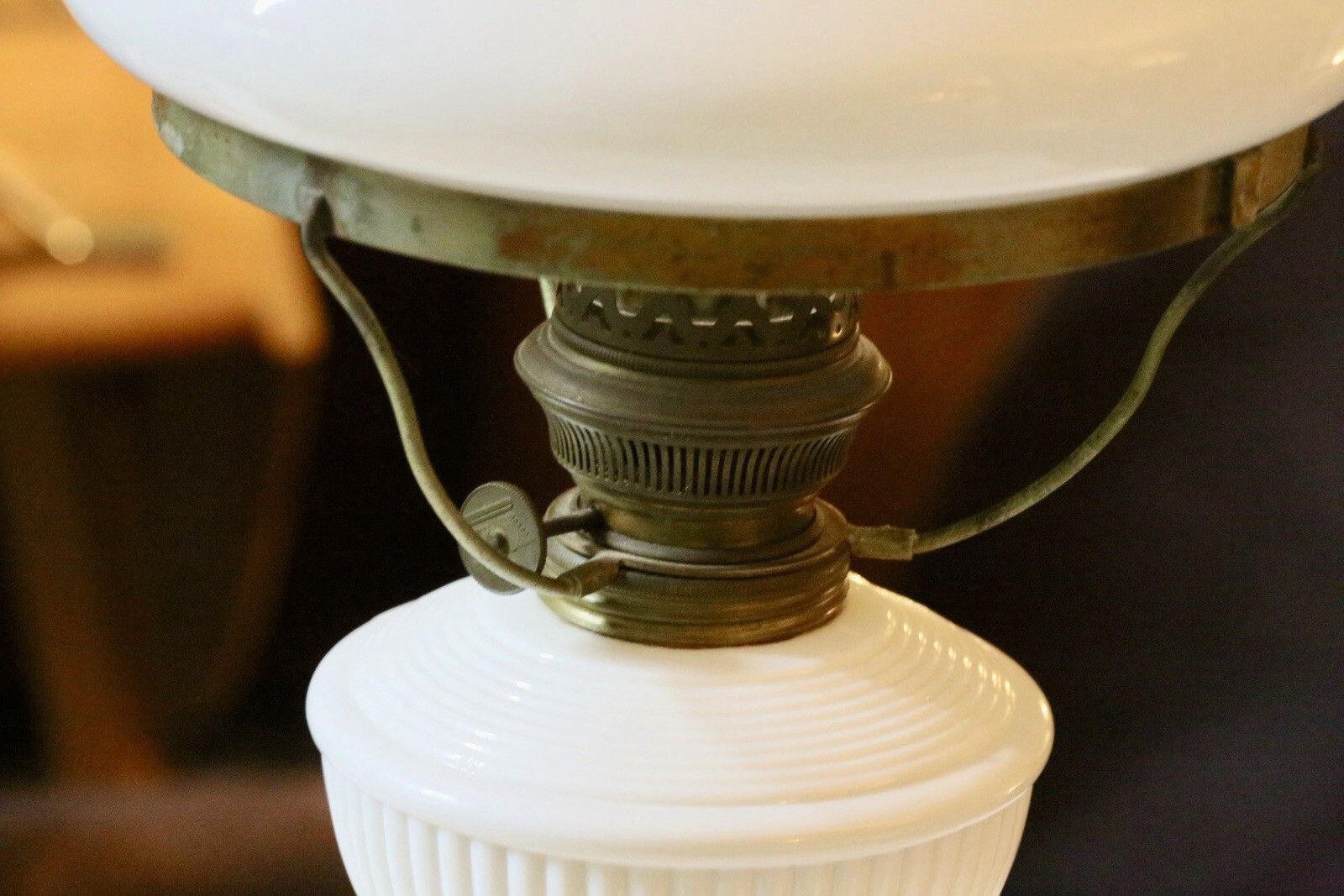 Fine Vintage Brass And Milk Glass Art Deco Oil Lamp photo for sale