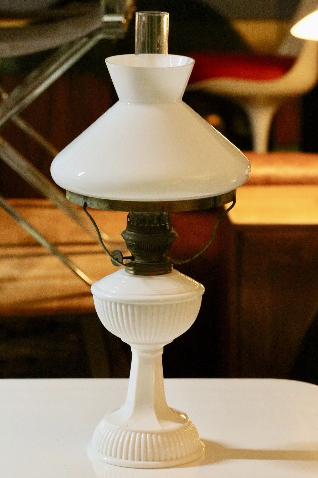 Fine Vintage Brass And Milk Glass Art Deco Oil Lamp photo 200.0