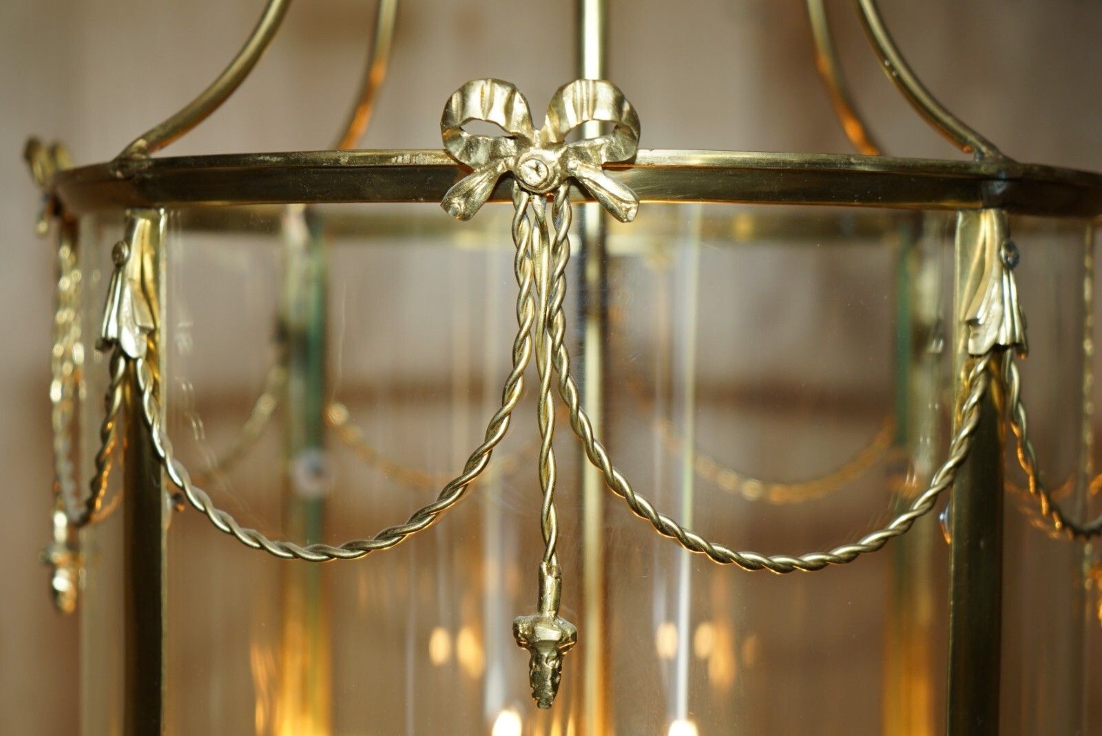 Exquisite Circa 1940's English Polish Brass & Cylindrical Glass Hanging Lantern photo vintage