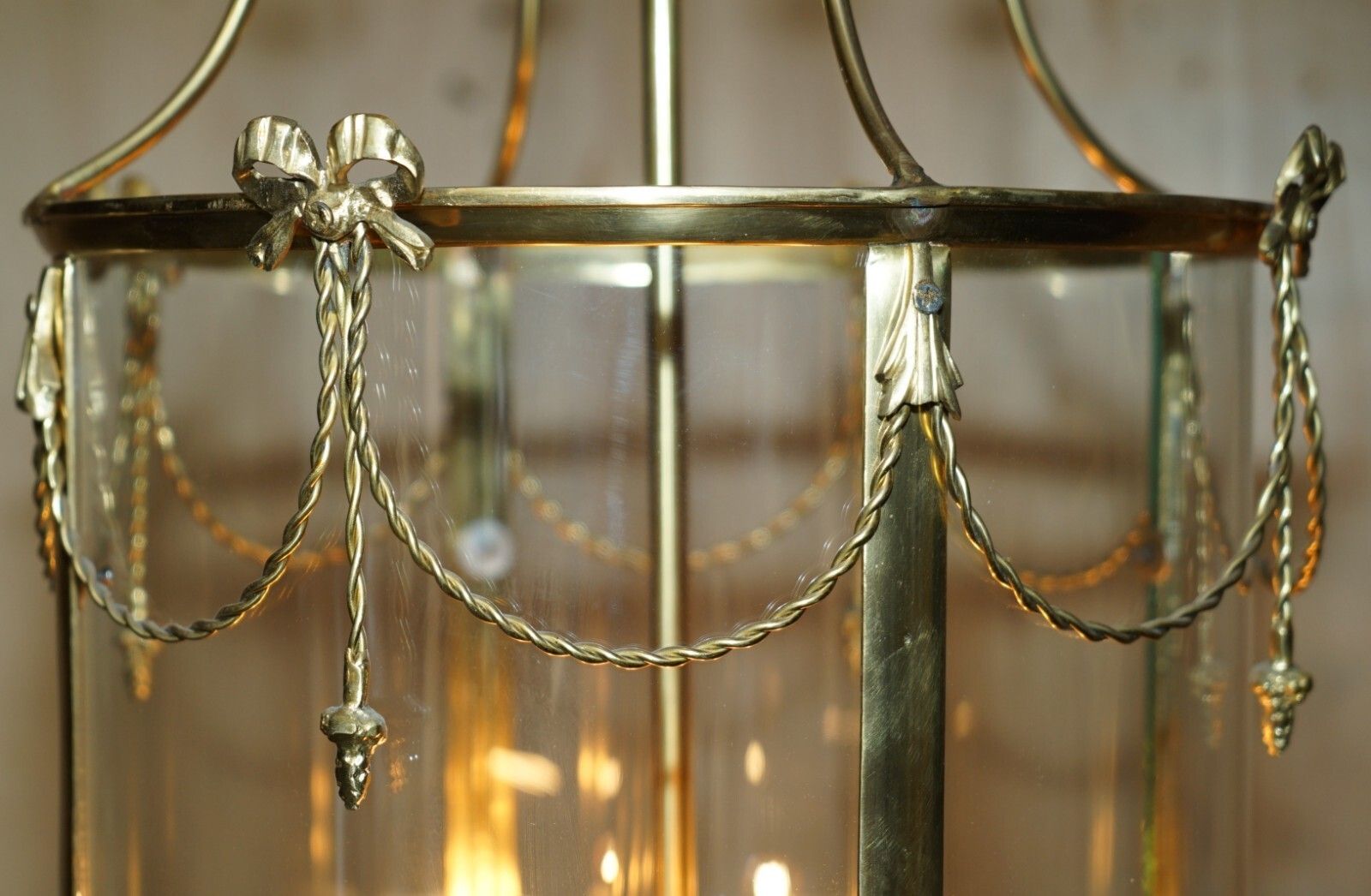 Lighting Exquisite Circa 1940's English Polish Brass & Cylindrical Glass Hanging Lantern photo