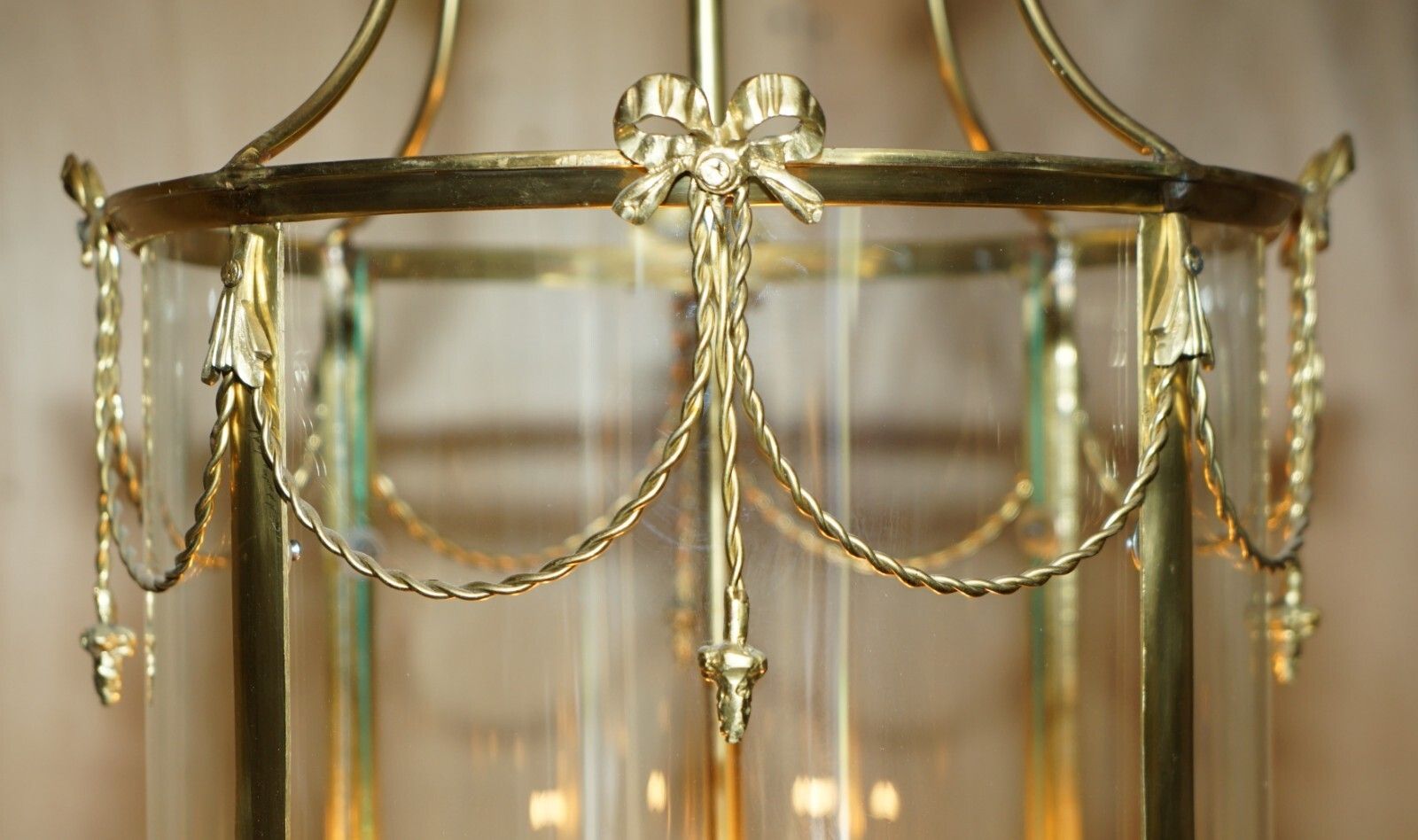 photo vinterior Exquisite Circa 1940's English Polish Brass & Cylindrical Glass Hanging Lantern