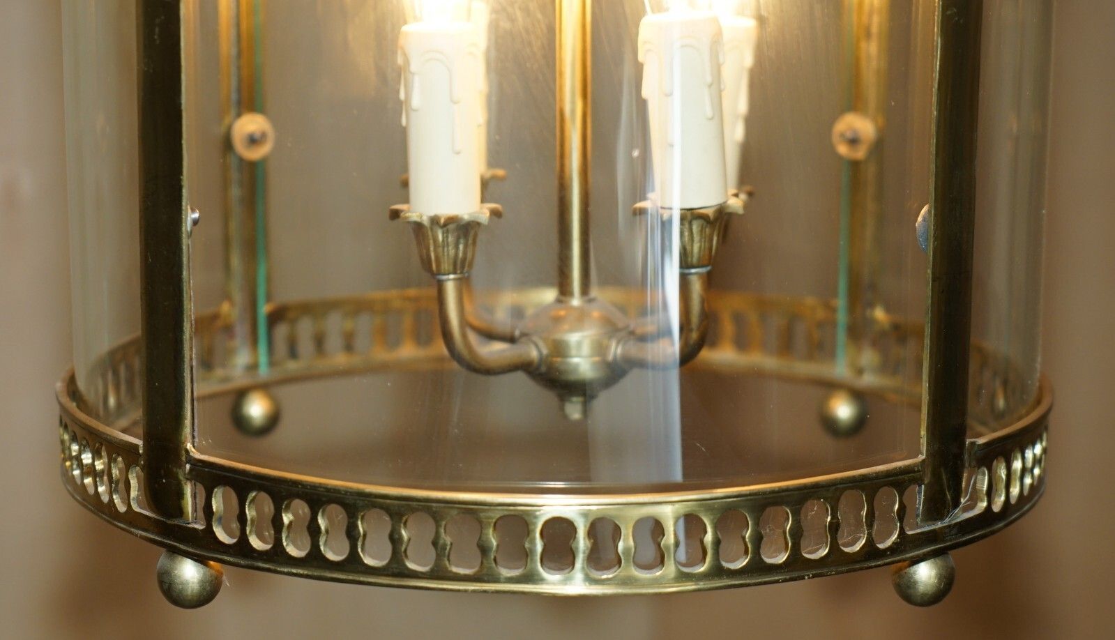 photo buy Exquisite Circa 1940's English Polish Brass & Cylindrical Glass Hanging Lantern