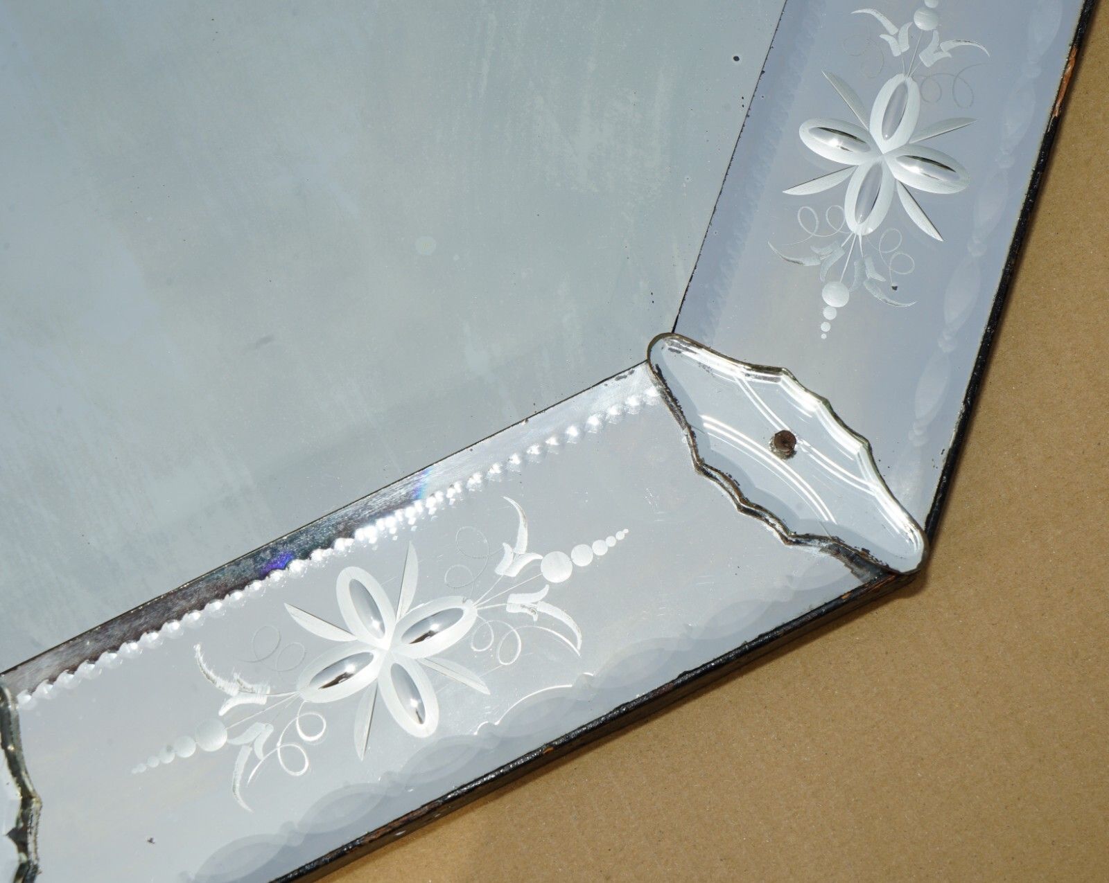 photo for sale Stunning Antique Circa 1910 Venetian Etched Glass Cushion Shaped Wall Mirror