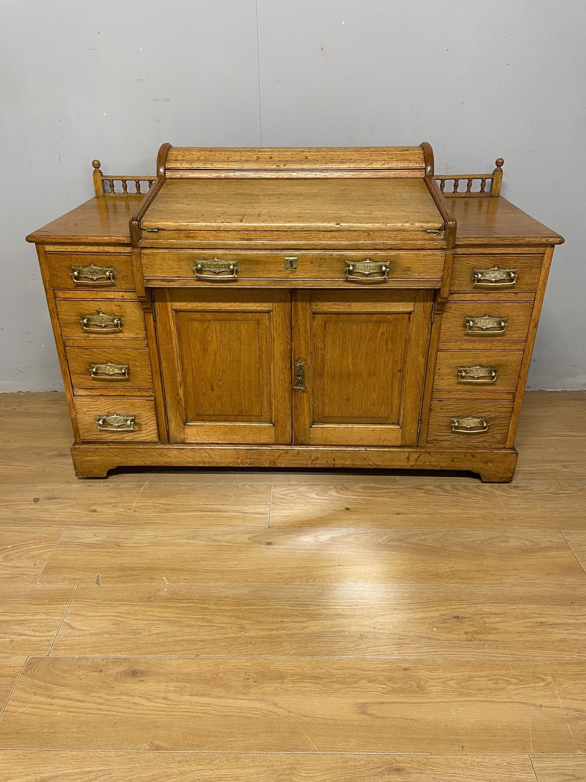 C19th Golden Oak Tambour Desk With Fitted Interior