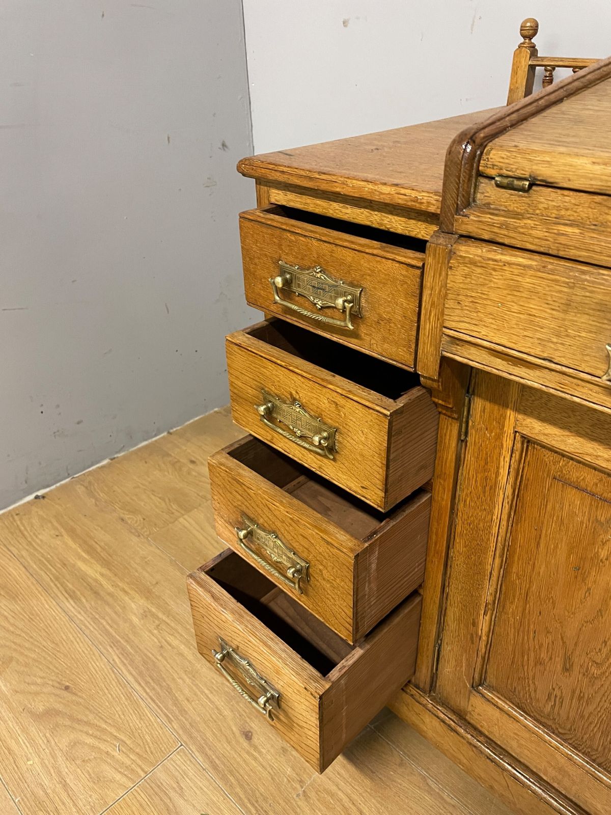 C19th Golden Oak Tambour Desk With Fitted Interior photo vintage