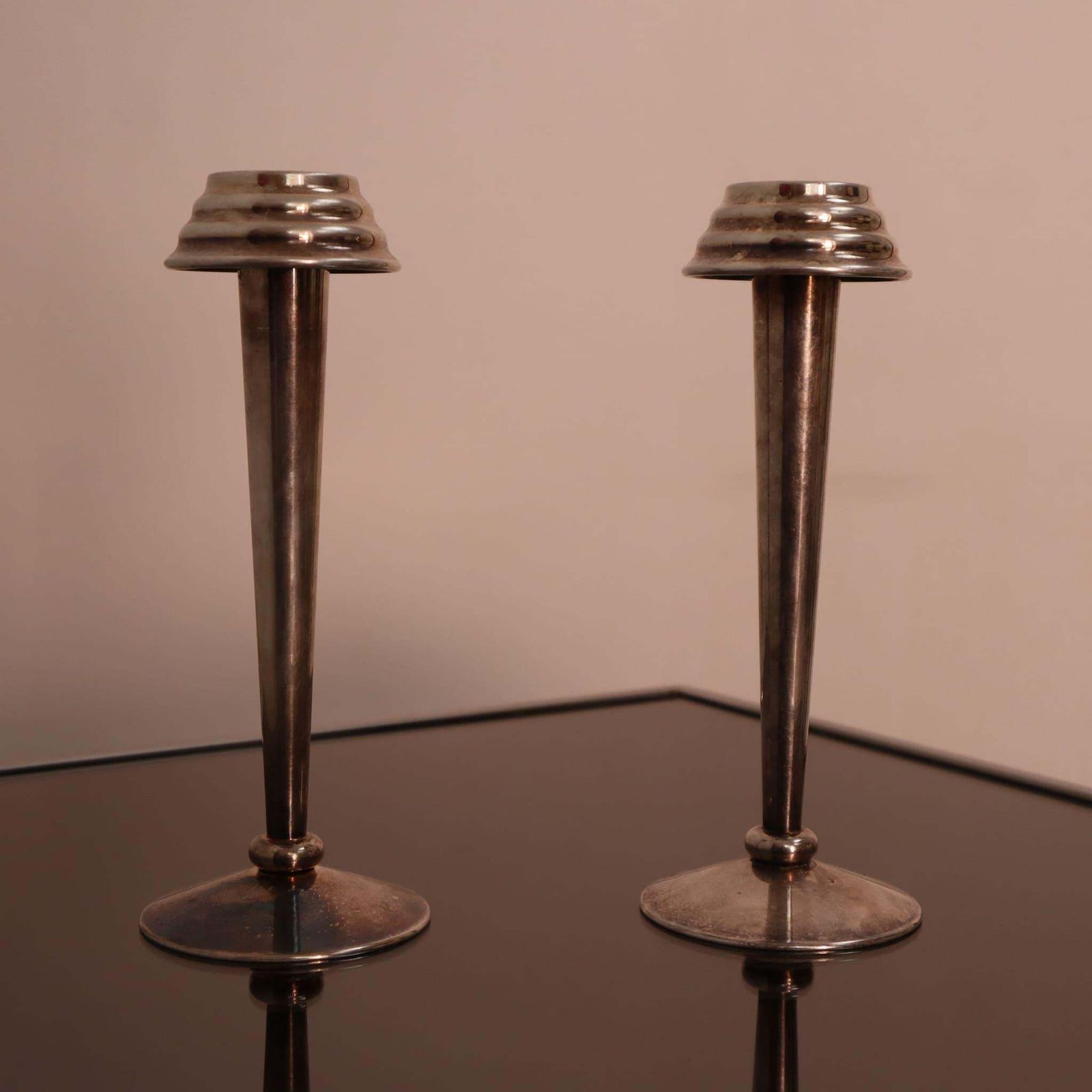 Art Deco Pair Of Nickel Plated Brass Candle Holders, Italy, 1930s photo furniture