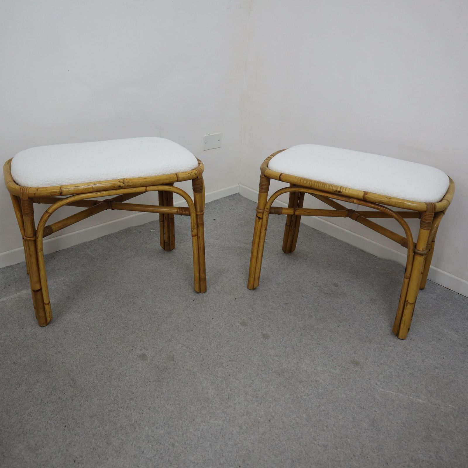 Pair Of Italian Rattan Bamboo Stool Fabric White Boucle From 1970s photo buy